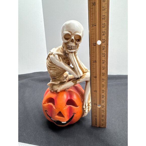 Halloween Skeleton On Light UP Pumpkin Figurine - Picture 2 of 10